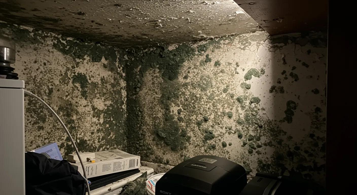 a dimly lit, cluttered corner of a home reveals dark, sprawling mold growth creeping up a stained wall, highlighting the urgent need for professional mold remediation services.