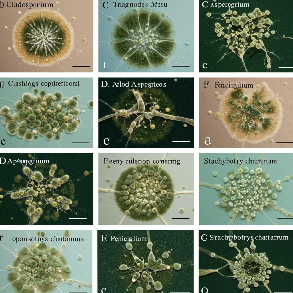 Various types of mold growing on different surfaces, showing their distinct appearances