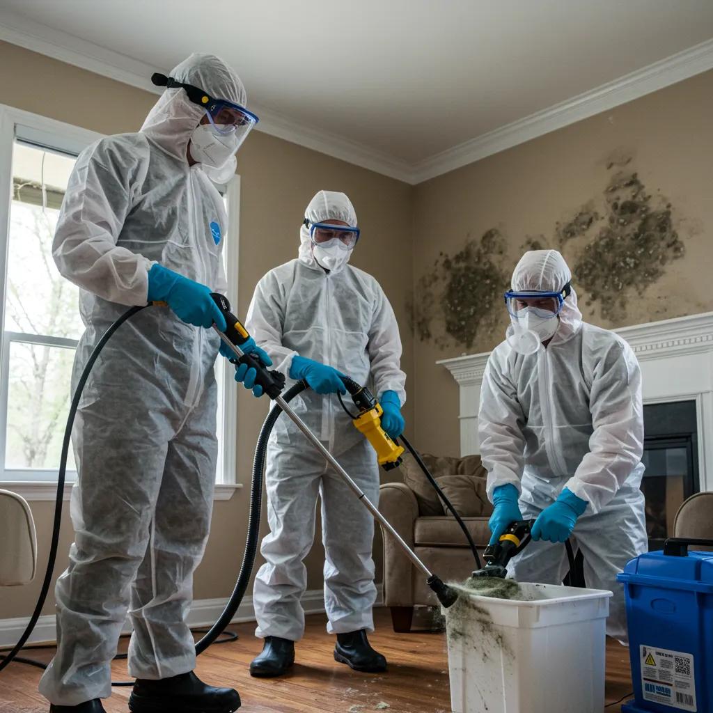 A professional mold remediation team diligently cleaning mold from a residential property, showcasing their effective methods